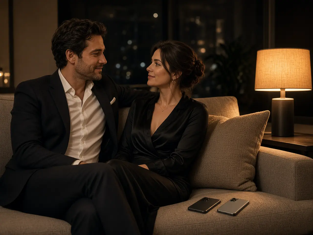 A dressed couple on a sofa at night, phones face down and a warm lamp.
