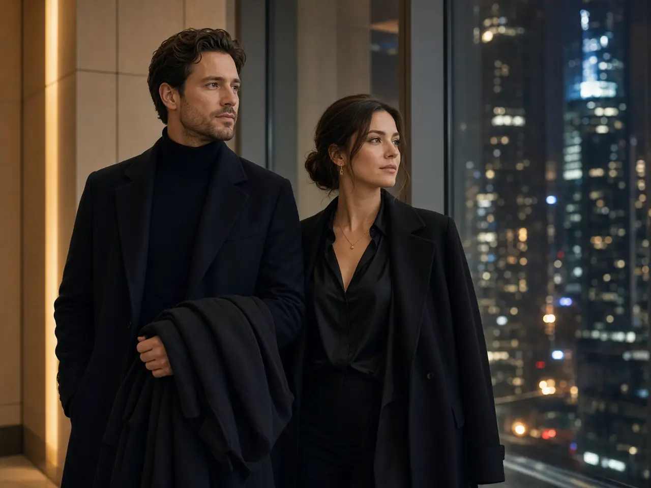 A dressed couple on a sofa at night, city lights beyond the glass.