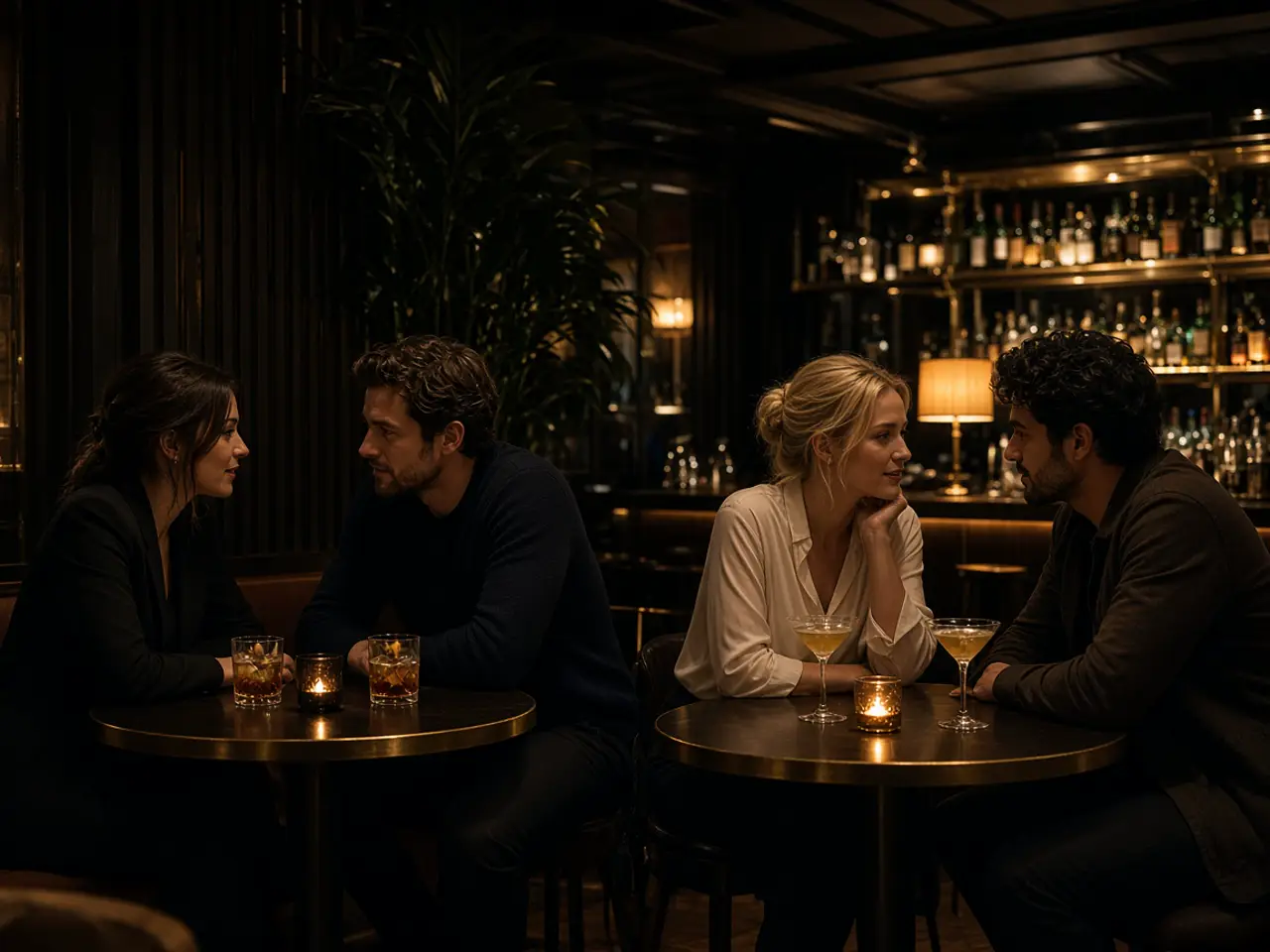 Couples talking at small tables in a bar